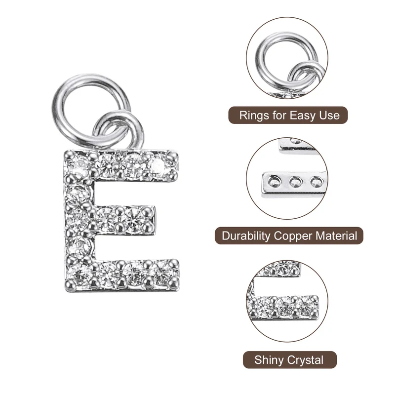 Rhinestone Letter Charm, 8pcs 3.2mm Copper E Letter Charm, White Gold