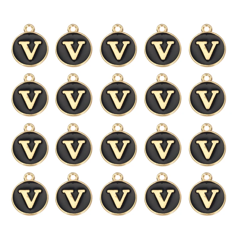 36pcs Letter V Pendants Double Sided Charm Enamel Alphabet Pendant Gold & Black