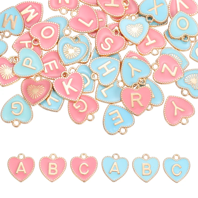 52 Pcs Letter Initial Charm A-Z Heart Letter Charm(Pink, Blue)