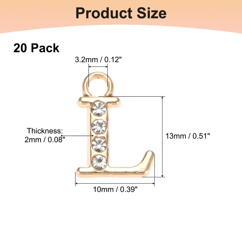 20-Pack 2mm Rhinestone l Letter Charm for DIY Bracelet/Wristbands/Jewelry [Gold]