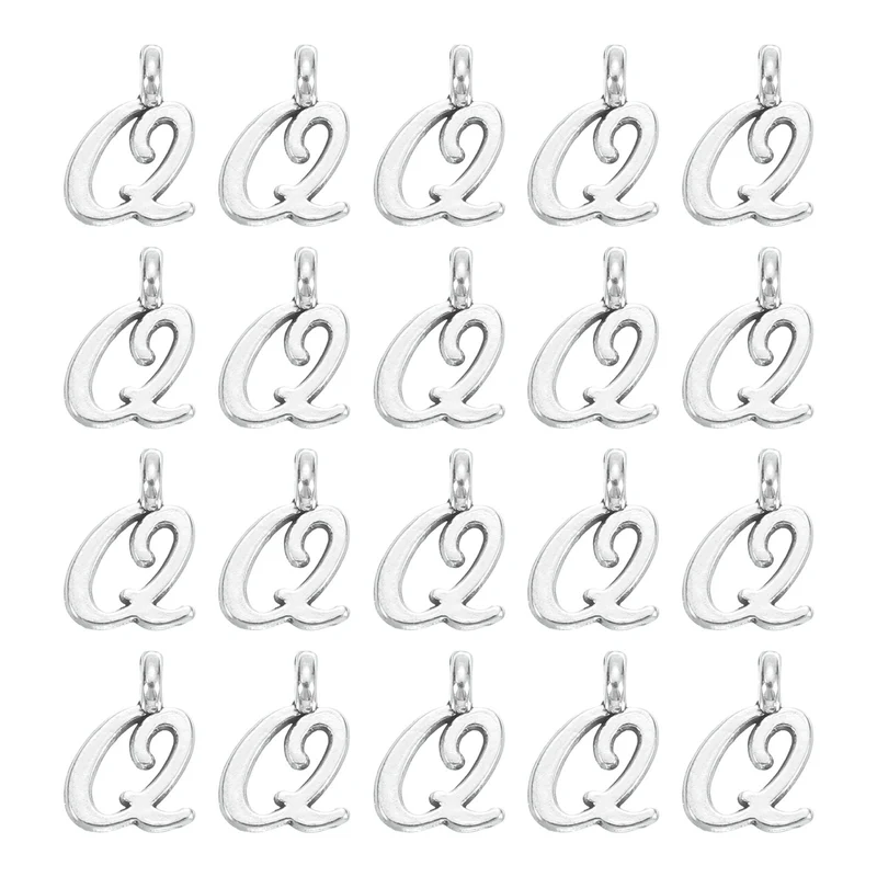 100Pcs A-Z Alphabet Charm, Metal Alphabet Q Letter Charm Initial Charm, Silver