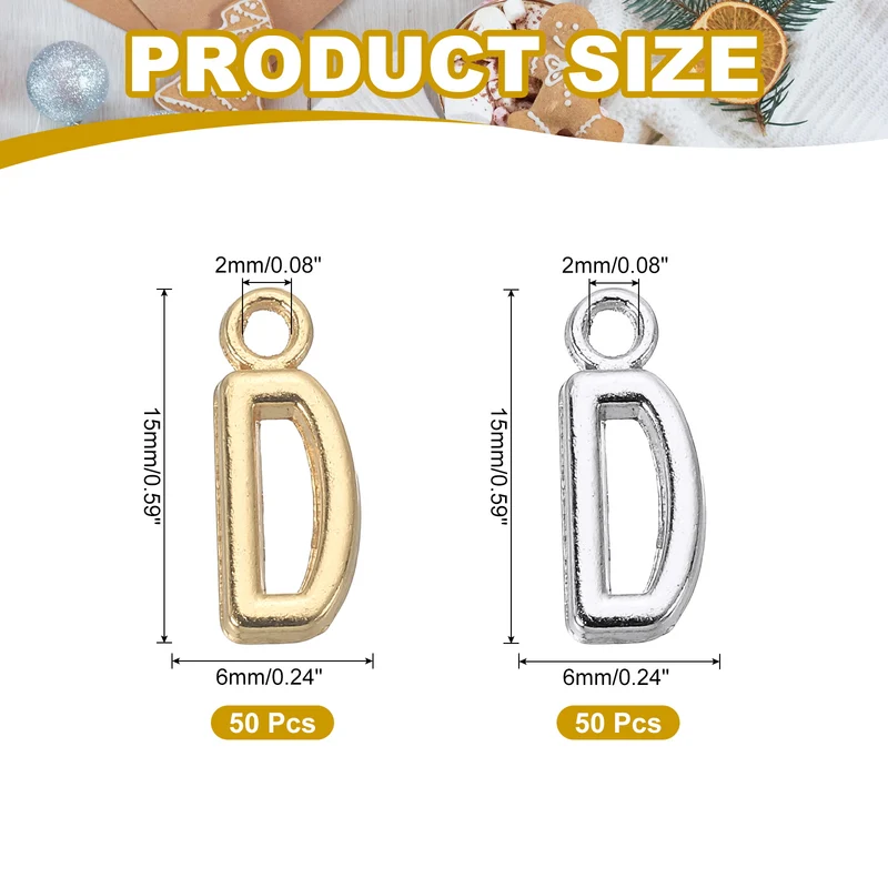 0.3" Letter Charm A-Z for Jewelry Making - D (100 Pack, Bright Silver/Dark Gold)