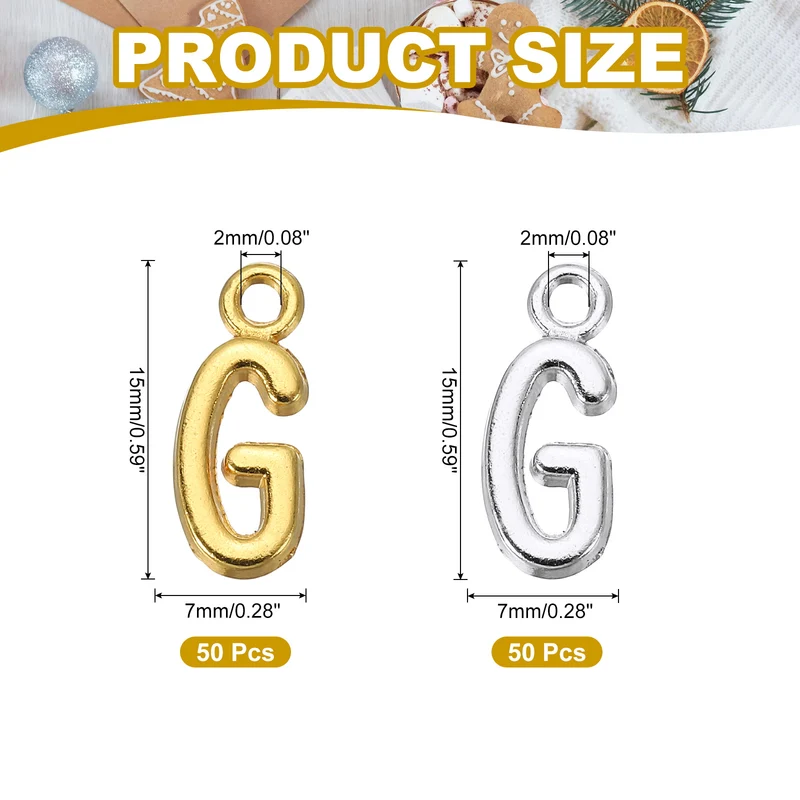 0.3" Letter Charm A-Z for Jewelry Making - G (100 Pack, Dark Silver/Gold)