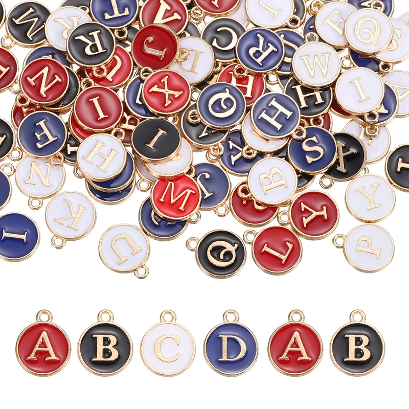 104 Pcs Letter Initial Charm A-Z Round Letter Charm(White/Black/Blue/Red)