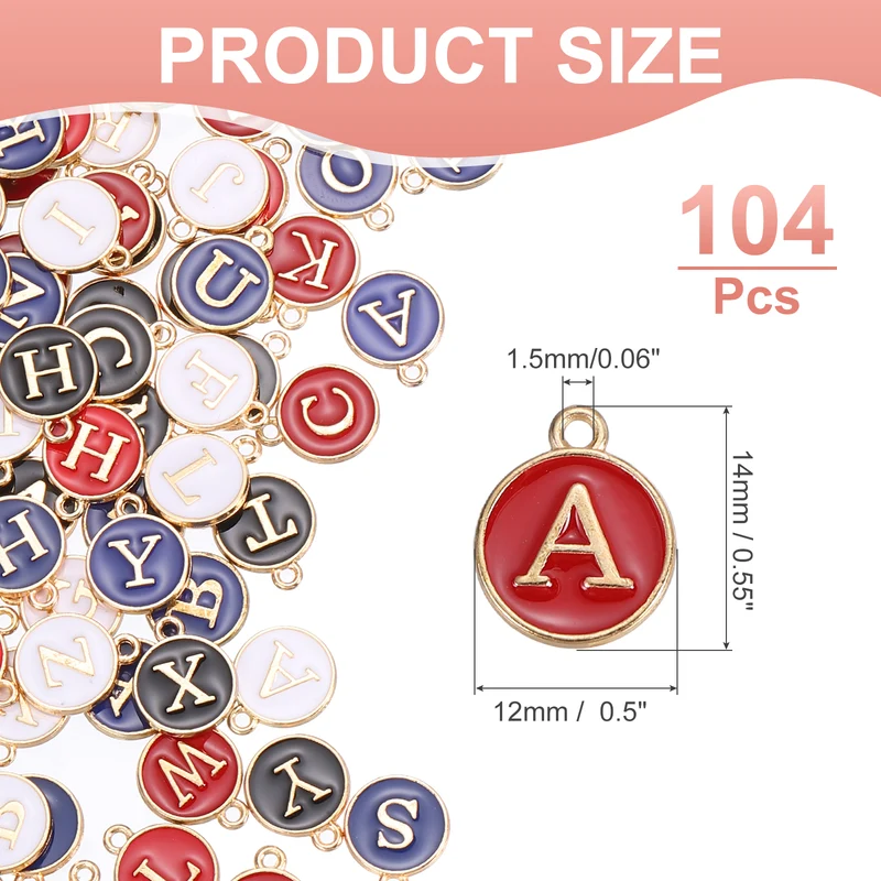 104 Pcs Letter Initial Charm A-Z Round Letter Charm(White/Black/Blue/Red)