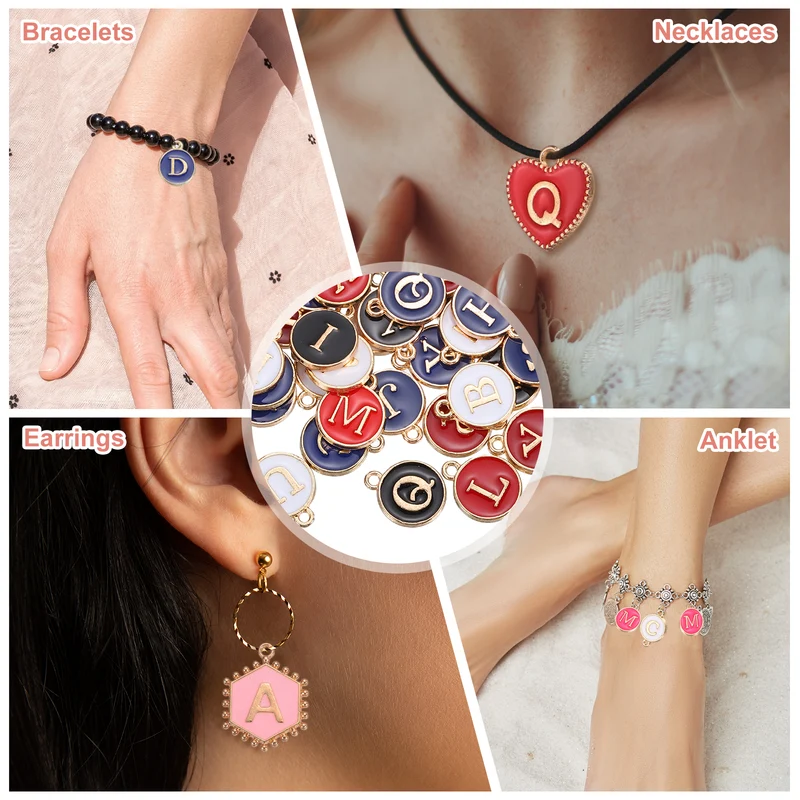 104 Pcs Letter Initial Charm A-Z Round Letter Charm(White/Black/Blue/Red)