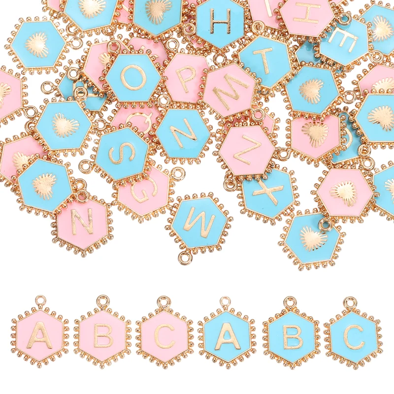 52 Pcs Letter Initial Charm A-Z Hexagon Letter Charm(Blue, Pink)