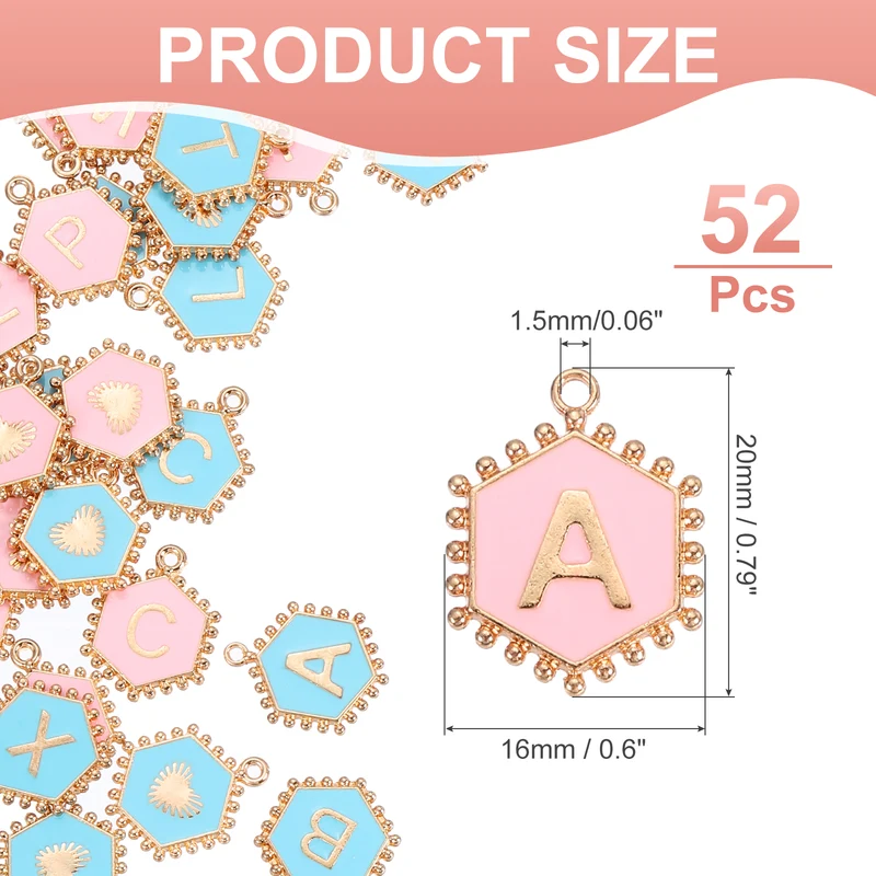 52 Pcs Letter Initial Charm A-Z Hexagon Letter Charm(Blue, Pink)