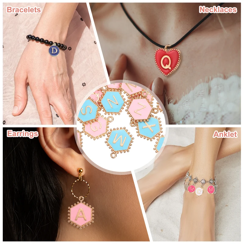 52 Pcs Letter Initial Charm A-Z Hexagon Letter Charm(Blue, Pink)