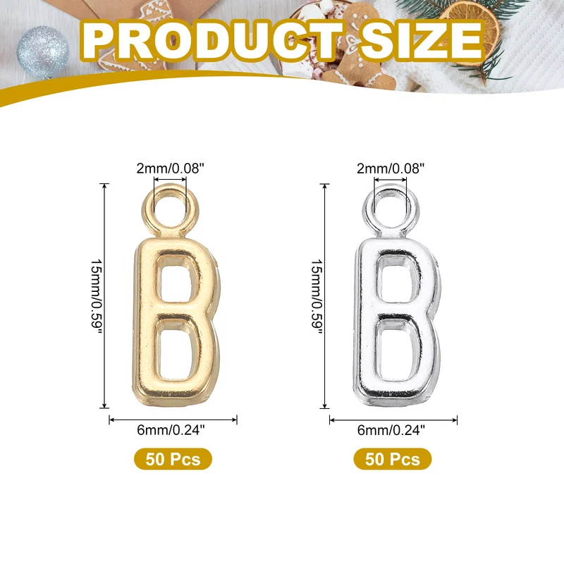 0.3" Letter Charm A-Z for Jewelry Making - B (100 Pack, Bright Silver/Dark Gold)