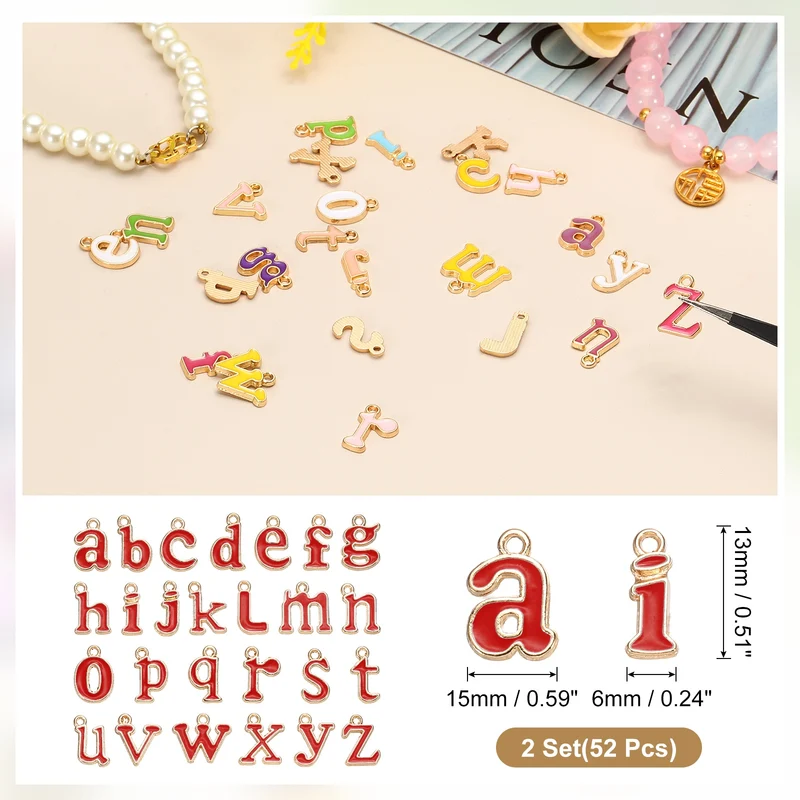 52Pcs A-Z Alphabet Letters Charm, Enamel Letter Charm, Red