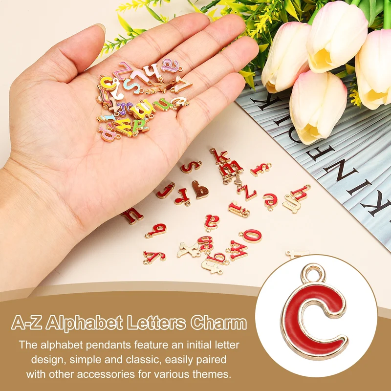 52Pcs A-Z Alphabet Letters Charm, Enamel Letter Charm, Red