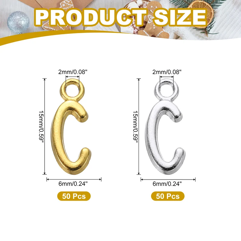 0.3" Letter Charm A-Z for Jewelry Making - C (100 Pack, Dark Silver/Gold)
