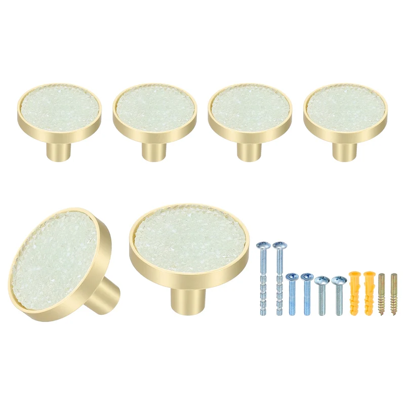6Pcs Gold Cabinet Knobs 1-1/4" Round Knobs Cabinet Handles, Diamond Light Blue