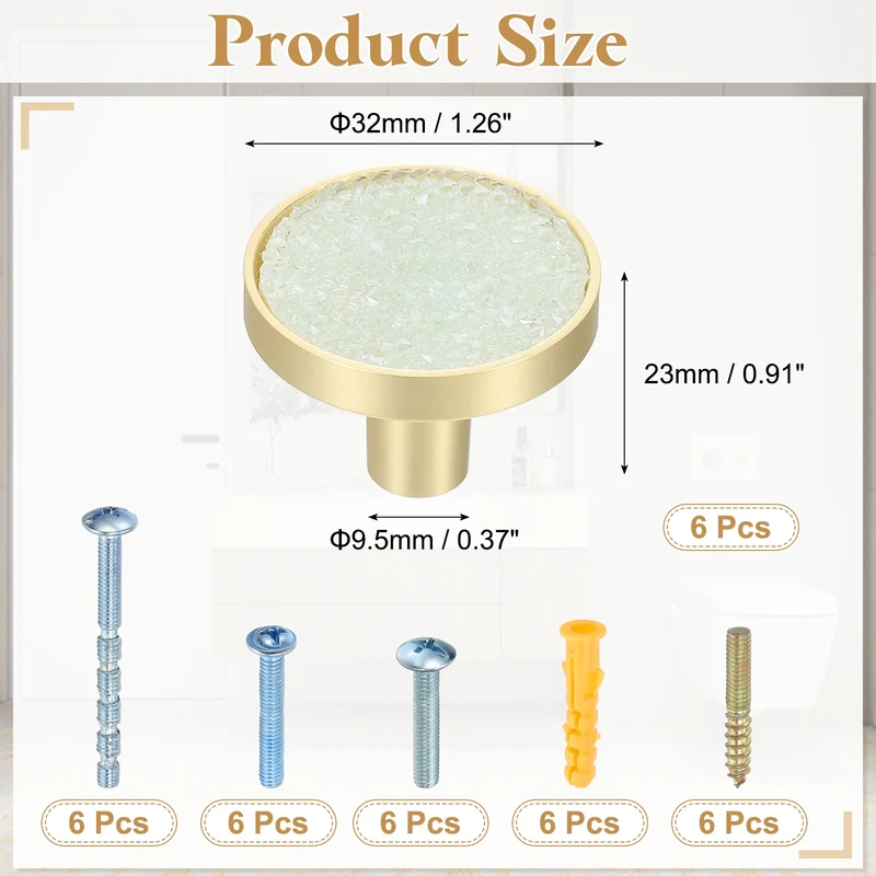 6Pcs Gold Cabinet Knobs 1-1/4" Round Knobs Cabinet Handles, Diamond Light Blue