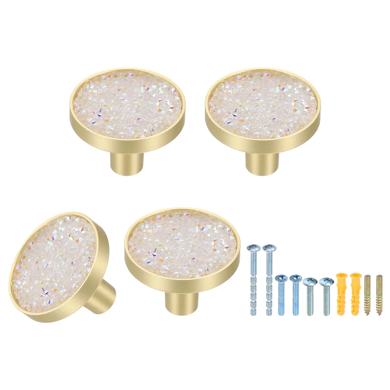4Pcs Gold Cabinet Knobs 1-1/4" Round Knobs Cabinet Handles, Diamond White