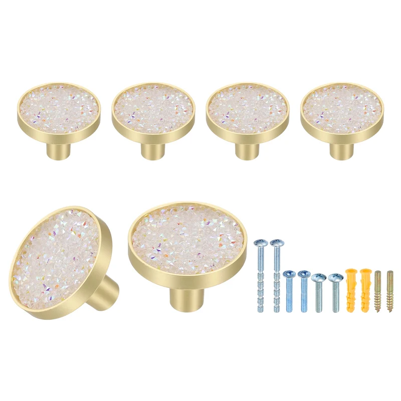 6Pcs Gold Cabinet Knobs 1-1/4" Round Knobs Cabinet Handles, Diamond White