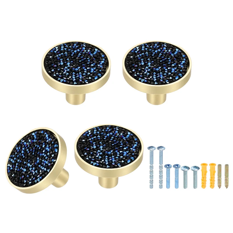 4Pcs Gold Cabinet Knobs 1-1/4" Round Knobs Cabinet Handles, Diamond Blue