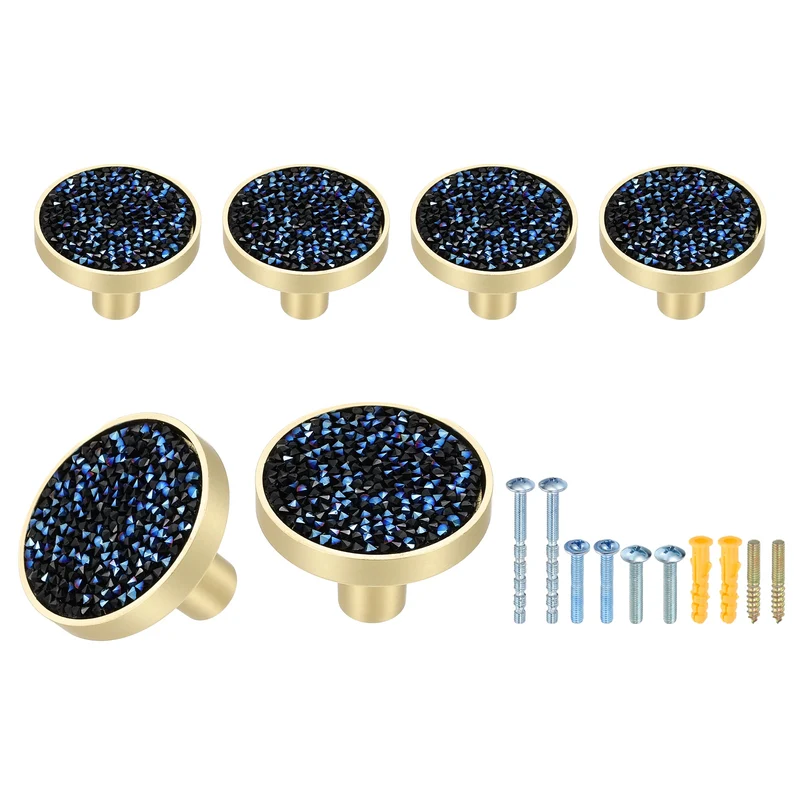 6Pcs Gold Cabinet Knobs 1-1/4" Round Knobs Cabinet Handles, Diamond Blue