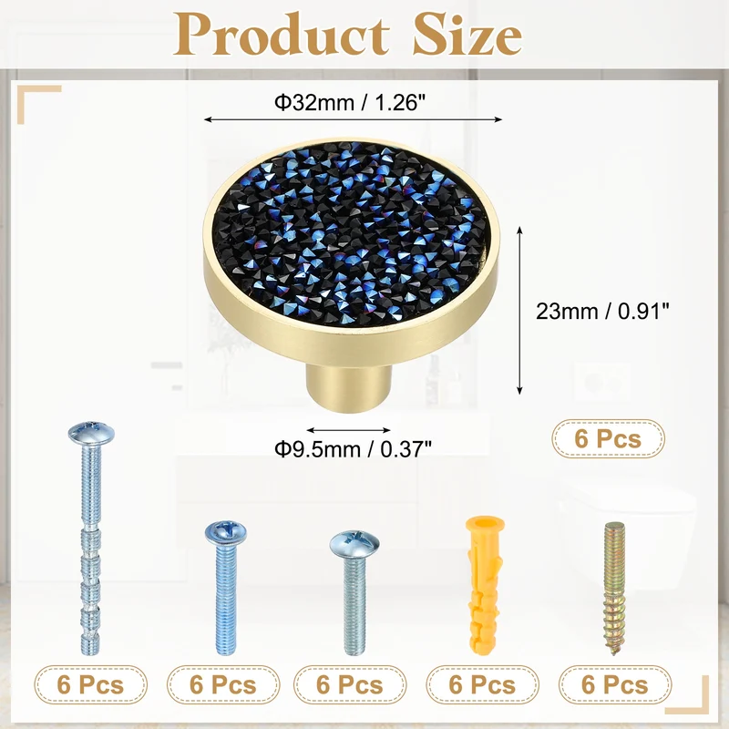 6Pcs Gold Cabinet Knobs 1-1/4" Round Knobs Cabinet Handles, Diamond Blue