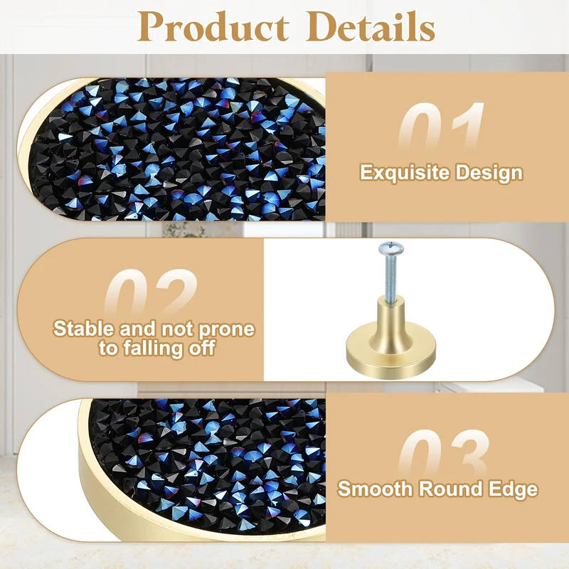 6Pcs Gold Cabinet Knobs 1-1/4" Round Knobs Cabinet Handles, Diamond Blue