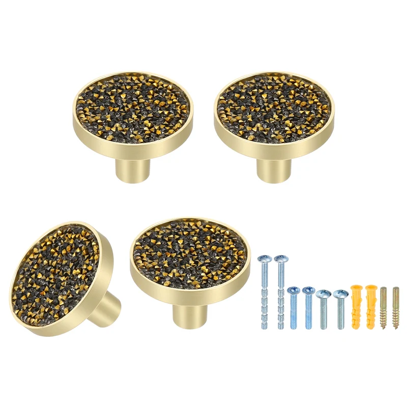 4Pcs Gold Cabinet Knobs 1-1/4" Round Knobs Cabinet Handles, Diamond Gold