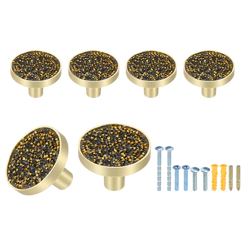 6Pcs Gold Cabinet Knobs 1-1/4" Round Knobs Cabinet Handles, Diamond Gold