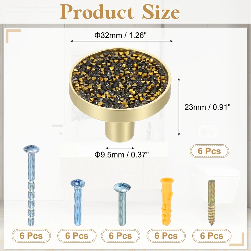 6Pcs Gold Cabinet Knobs 1-1/4" Round Knobs Cabinet Handles, Diamond Gold