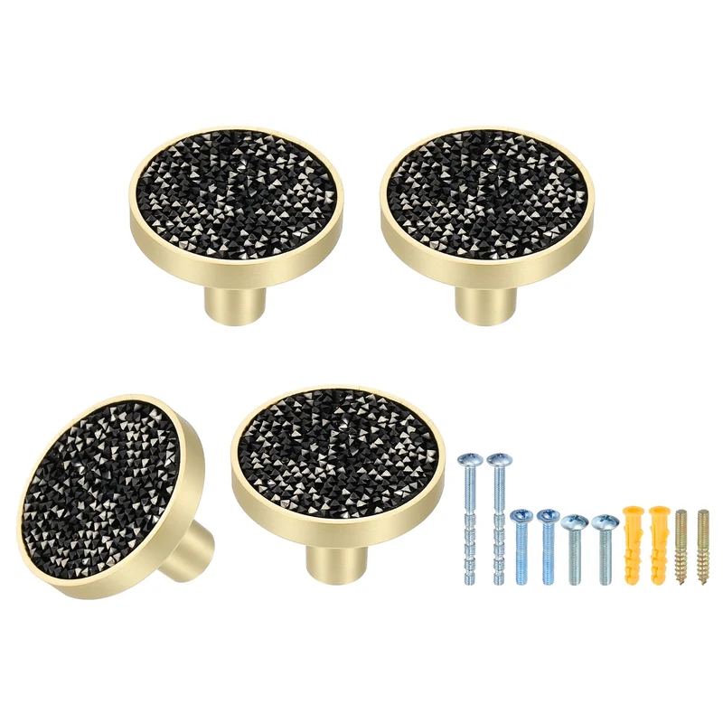 4Pcs Gold Cabinet Knobs 1-1/4" Round Knobs Cabinet Handles, Diamond Black