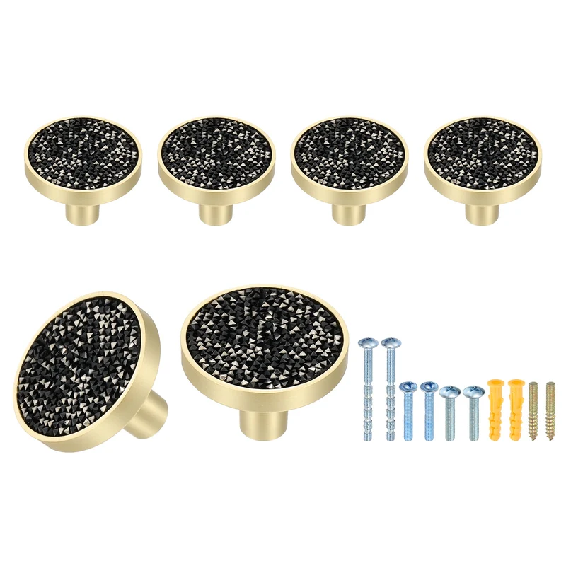 6Pcs Gold Cabinet Knobs 1-1/4" Round Knobs Cabinet Handles, Diamond Black