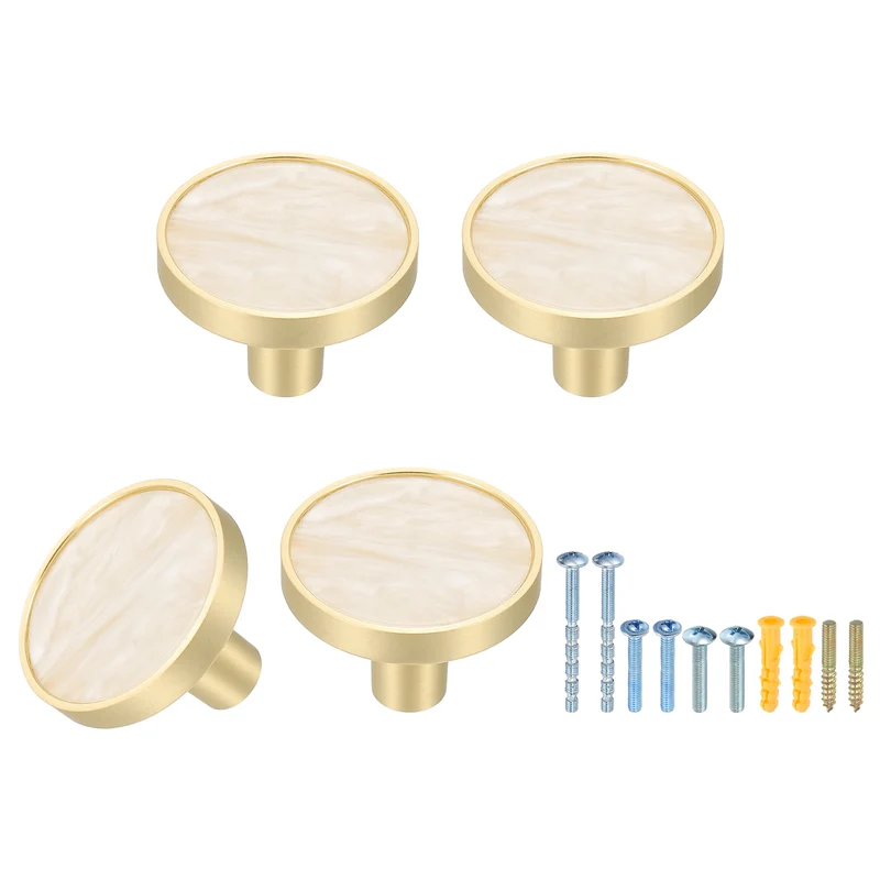 4Pcs Gold Cabinet Knobs 1-1/4" Round Knobs Cabinet Handles, Snow White