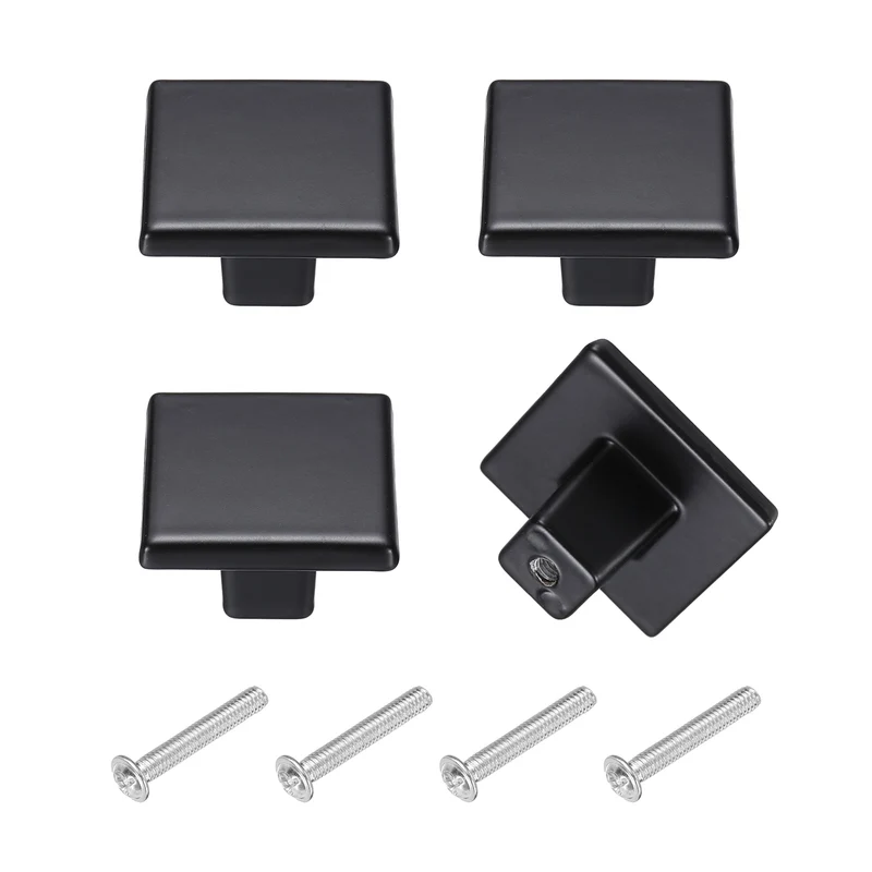 4Pcs Cabinet Knobs, 1.26" Single Hole Square Drawer Knob with Screws, Black