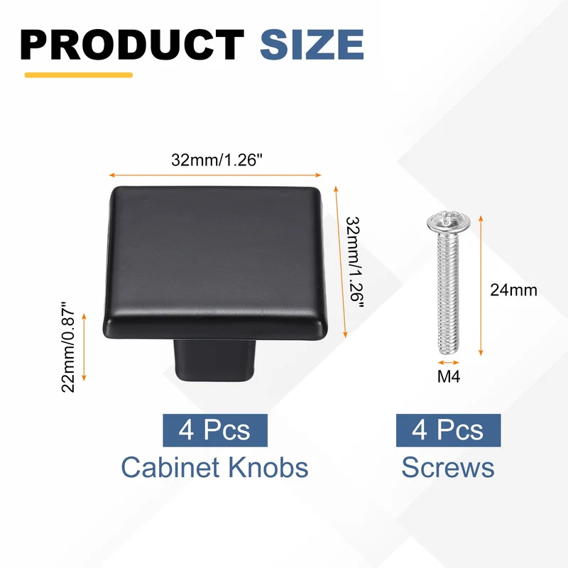 4Pcs Cabinet Knobs, 1.26" Single Hole Square Drawer Knob with Screws, Black