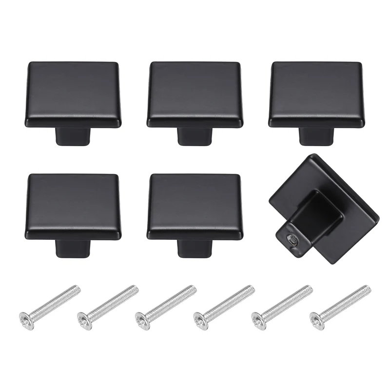 6Pcs Cabinet Knobs, 1.26" Single Hole Square Drawer Knob with Screws, Black
