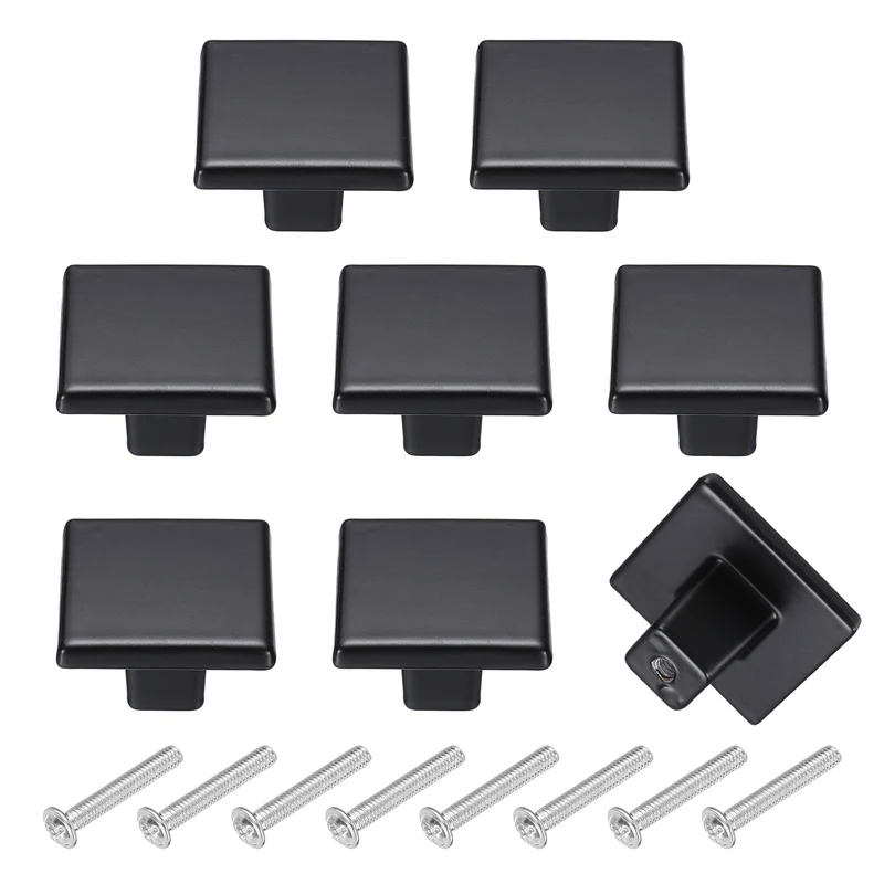 8Pcs Cabinet Knobs, 1.26" Single Hole Square Drawer Knob with Screws, Black