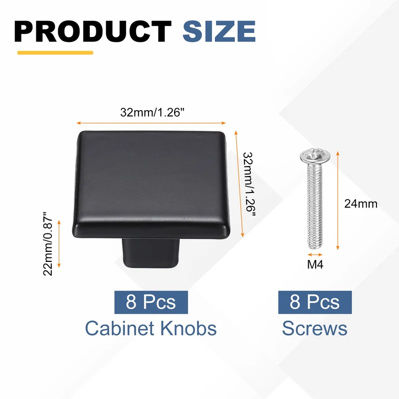 8Pcs Cabinet Knobs, 1.26" Single Hole Square Drawer Knob with Screws, Black