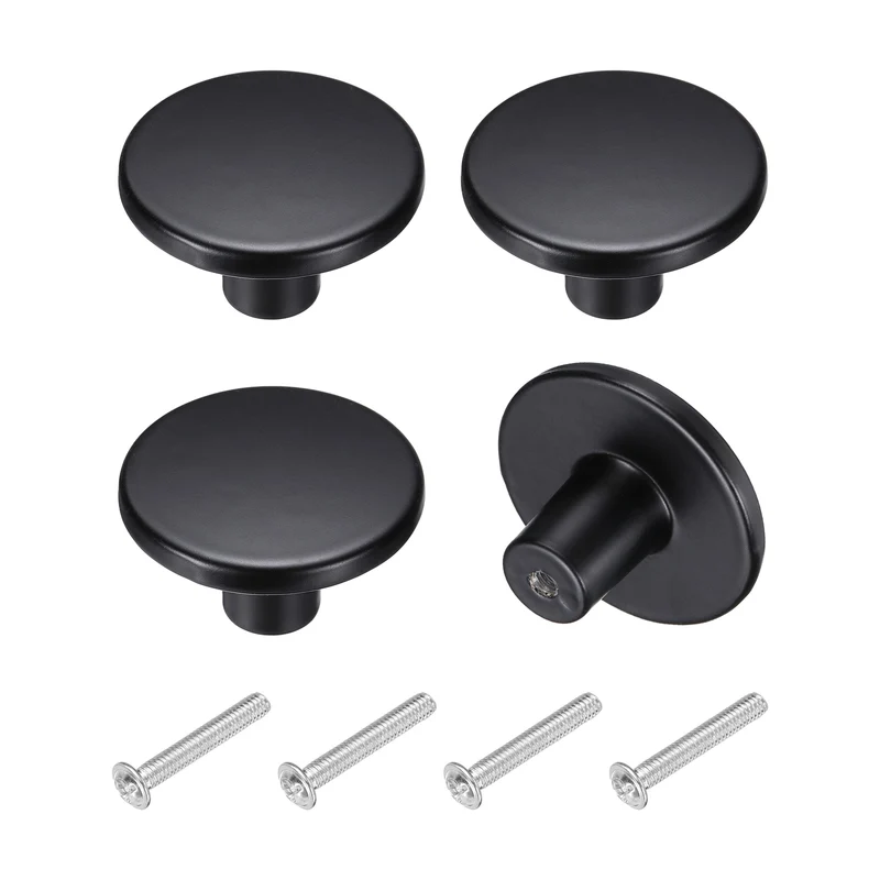 4Pcs Cabinet Knobs, 1.46" Single Hole Round Drawer Knob with Screws, Black