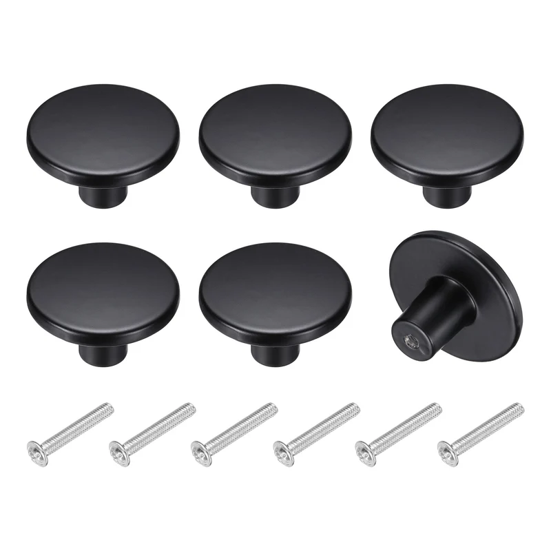 6Pcs Cabinet Knobs, 1.46" Single Hole Round Drawer Knob with Screws, Black