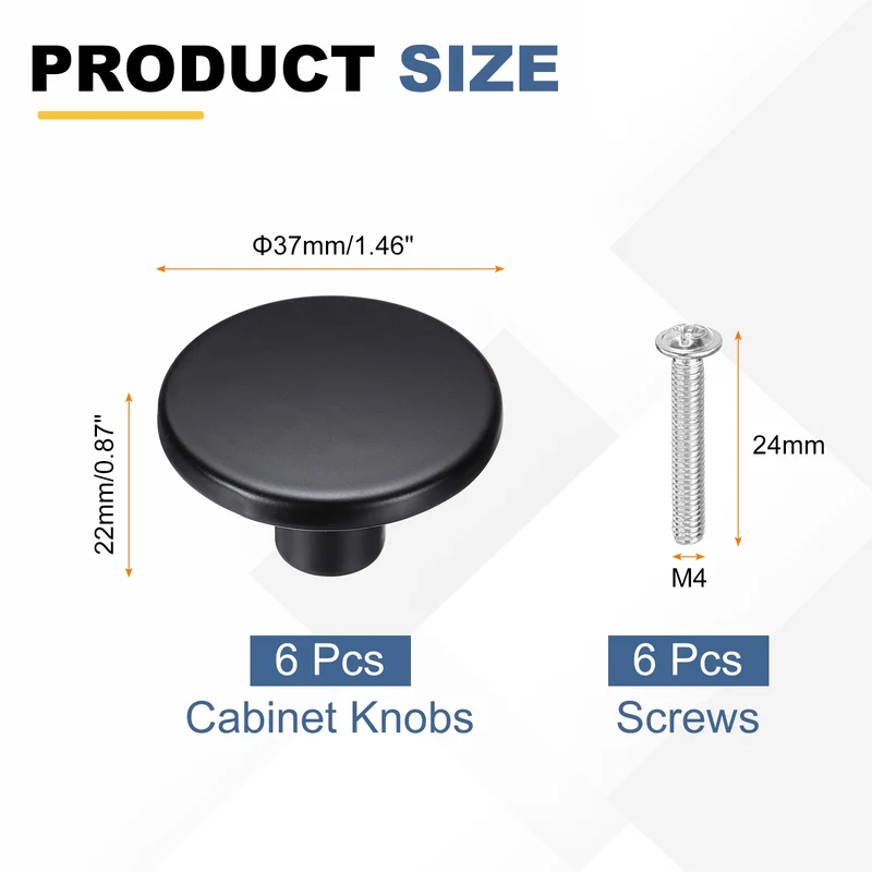 6Pcs Cabinet Knobs, 1.46" Single Hole Round Drawer Knob with Screws, Black