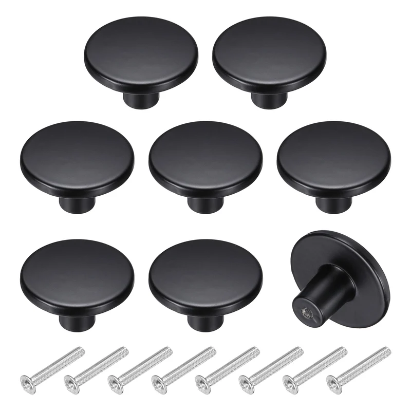 8Pcs Cabinet Knobs, 1.46" Single Hole Round Drawer Knob with Screws, Black