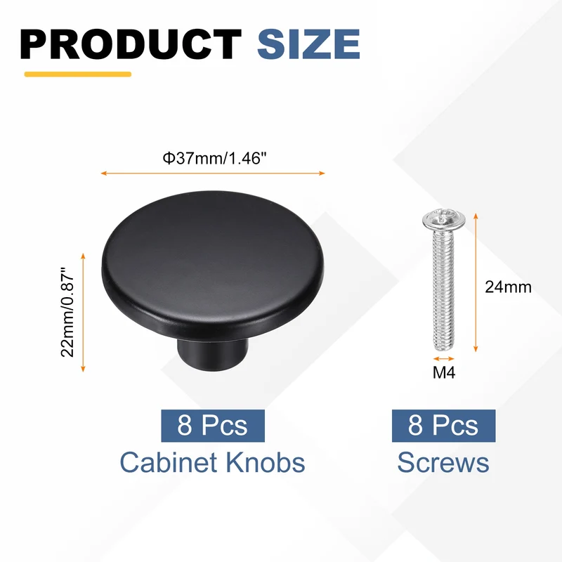 8Pcs Cabinet Knobs, 1.46" Single Hole Round Drawer Knob with Screws, Black