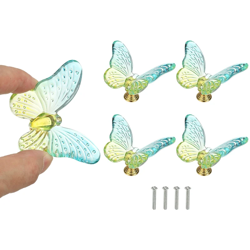4 Pcs Crystal Cabinet Knobs, 1.5" x 1.5" Butterfly Dresser Knob Decoration Green