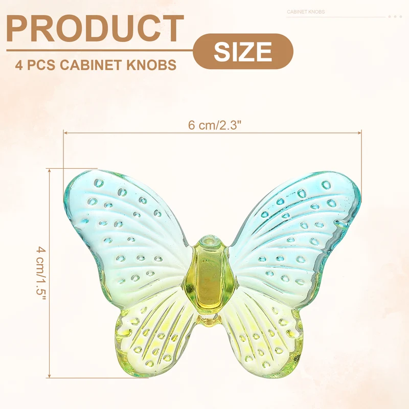 4 Pcs Crystal Cabinet Knobs, 1.5" x 1.5" Butterfly Dresser Knob Decoration Green
