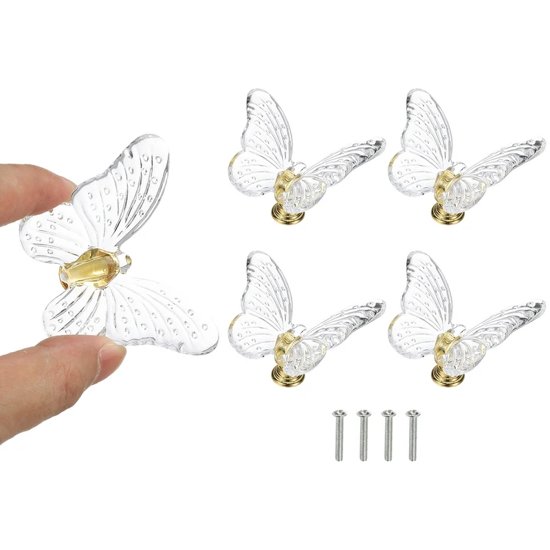 4 Pcs Crystal Cabinet Knob, 1.5" x 1.5" Butterfly Dresser Knob Decoration White