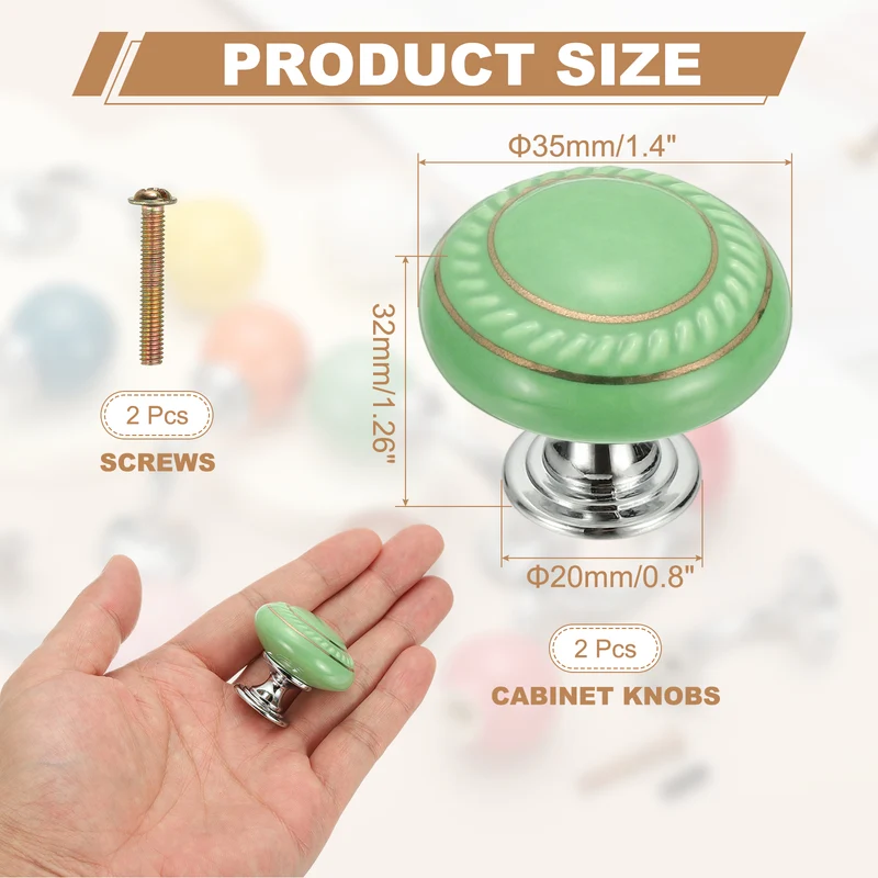 2 Pcs Cabinet Knobs, 1.4 Inch Vintage Round Drawers Handles Knob, Green