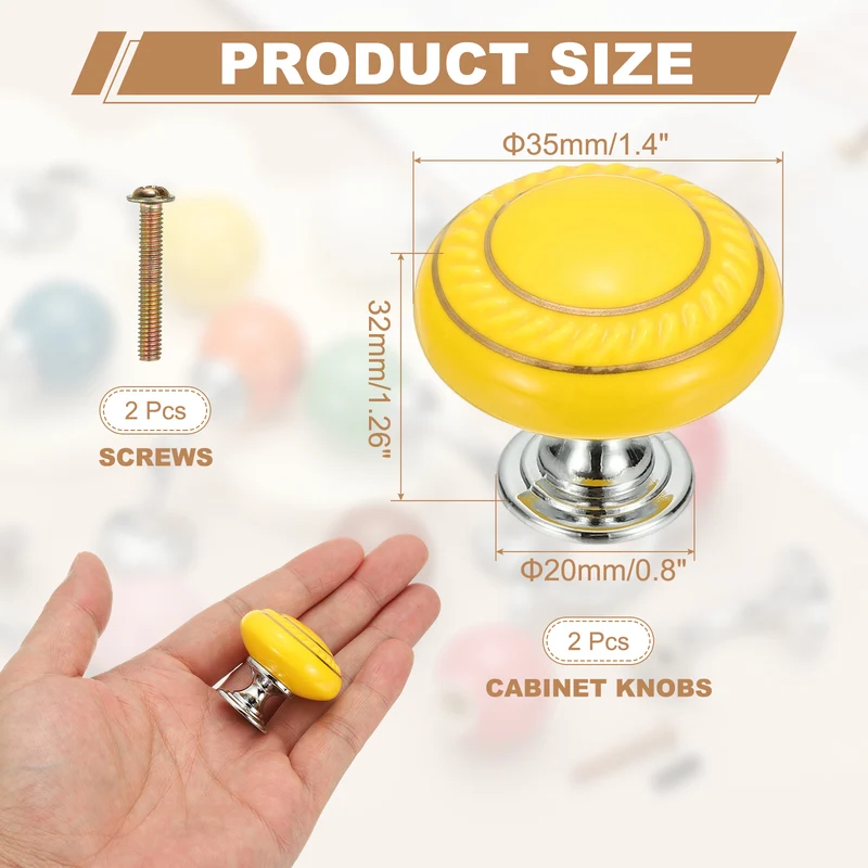 2Pcs Cabinet Knobs 1.4 Inch Vintage Round Drawers Handles Knob Yellow