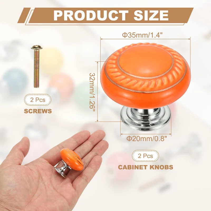 2Pcs Cabinet Knobs 1.4 Inch Vintage Round Drawers Handles Knob Orange