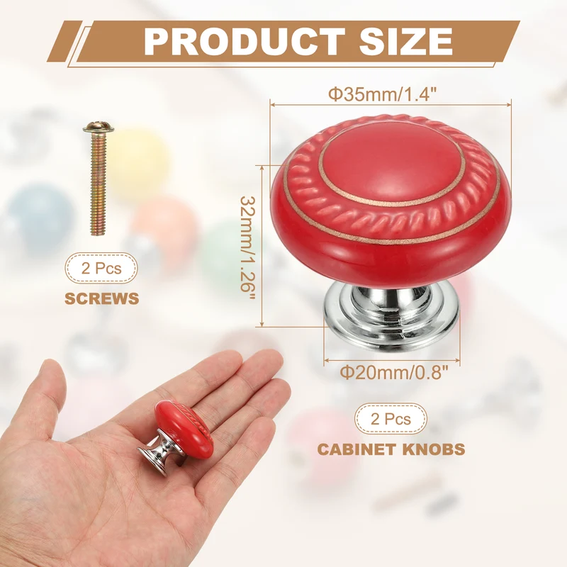 2Pcs Cabinet Knobs 1.4 Inch Vintage Round Drawers Handles Knob Red