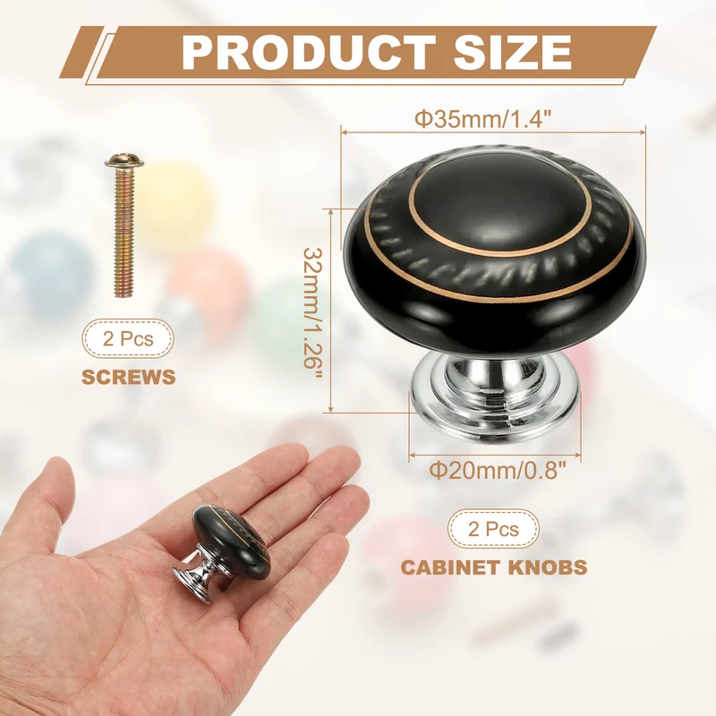 2Pcs Cabinet Knobs 1.4 Inch Vintage Round Drawers Handles Knob Black