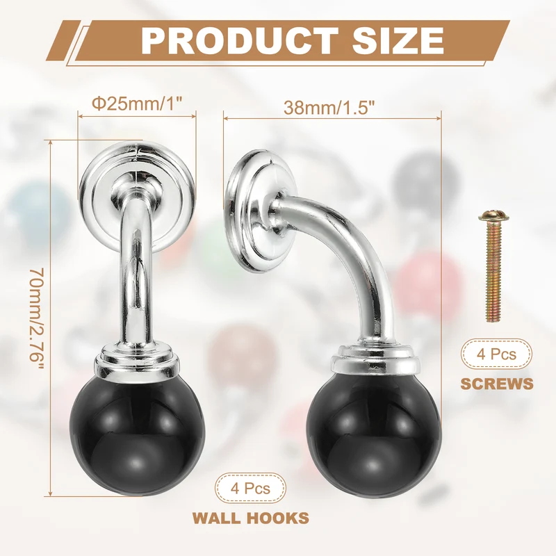 4 Pcs Wall Hooks, Ceramic Drawer Door Cabinet Single Hook Handle, Black